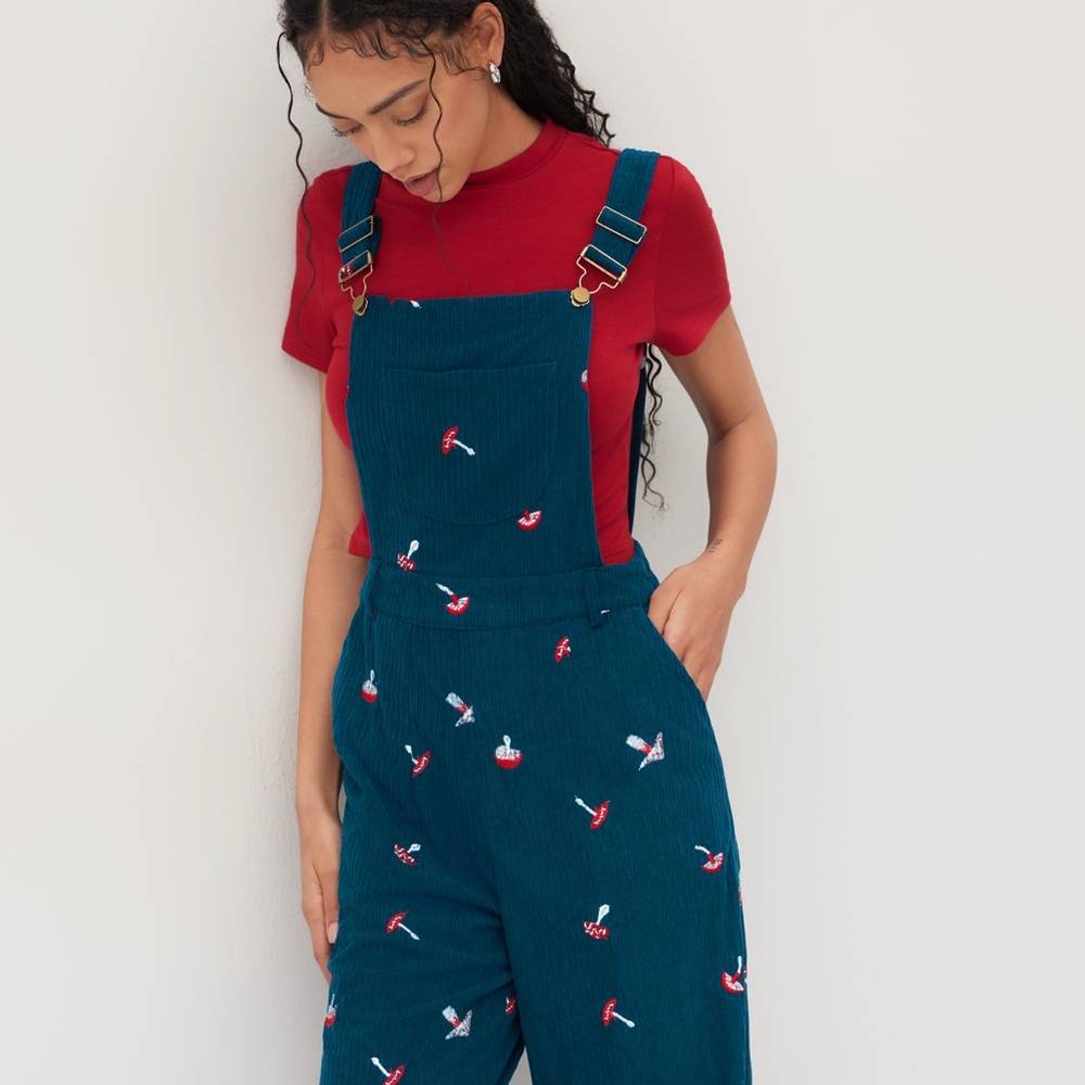 Cider Casual Embroidered Mushroom Corduroy Overalls Jumpsuit Cottagecore Retro - Picture 2 of 10